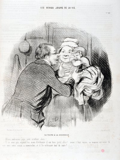 Konstverk av Honore Daumier (1808-1879). Charivari är från 1848: Serie Les beaux jours de la vie. Besöket hos sjuksköterskan - Låt oss kyssa pappa lilla barnet älskling - Han vill inte idag men oftast...”” KONSTMUSEET - PALACE LONGCHAMP, MARSEILLE av Honoré Daumier