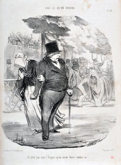 Konstverk av Honore Daumier (1808-1879). Charivari är från 1849: Serie ALL WHAT YOU WILL “” Det är inte under imperiet vi skulle dansa så här!...”” MUSEUM OF FINE ARTS - PALACE LONGCHAMP, MARSEILLE av Honoré Daumier