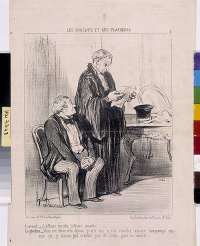 Konstverk av Honore Daumier (1808-1879). Charivari är från 1851: Serie LES Avocats et les litigants. ”Advokaten - fallet fungerar, fallet fungerar! Rättsföraren - Du har berättat det här för mig i fyra år om hon fortfarande går så länge att jag kommer att  av Honoré Daumier