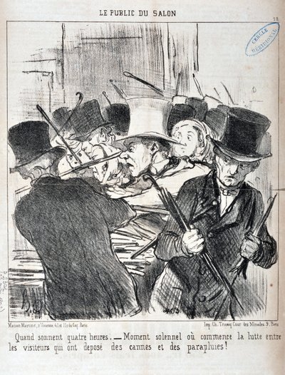 Konstverk av Honore Daumier (1808-1879). Charivari är från 1852: Serie LE PUBLIC DU SALON - "" När ljudet fyra timmar.- högtidligt ögonblick eller börjar kampen mellan besökare som har deponerat käppar och paraplyer"" MUSEE DES BEAUX ARTS - PALAIS LONGCHAM av Honoré Daumier