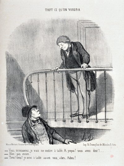 Konstverk av Honore Daumier (1808-1879). Charivari är från 1853: Serie ALL WHAT YOU WILL “Du får ursäkta mig, jag sitter vid bordet. Om det! Ätade du? - Nej inte än. "Jaha, jag sitter vid bordet före dig""" MUSEE DES BEAUTS ARTS - PALAIS L av Honoré Daumier