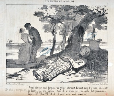 Konstverk av Honore Daumier (1808-1879) Charivari från 1853: Serie LES PLAISIRS DE LA CAMPAGNE "Jag är säker på att vi kommer att bilda en charmig grupp, alla tre tillsammans... rätt Caroline... titta, hon svarar inte! Hon är förmodligen redan aslee. av Honoré Daumier