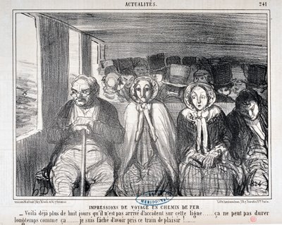 Konstverk av Honore Daumier (1808-1879) Charivari är från 1855: Serie Actualites de voyage en railroad “” -Här är mer än åtta dagar som det inte har hänt en olycka på den här linjen... det kan inte vara så länge. .. Jag är ledsen över att ha tagit det här  av Honoré Daumier