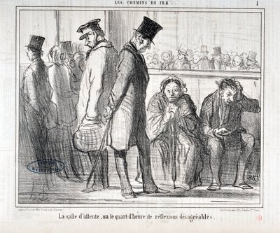 Konstverk av Honore Daumier (1808-1879). Charivari är från 1855: Serie LES Chemins de fer "" Väntrummet eller kvarten av obehagliga reflexioner""" MUSEE DES BEAUX ARTS - PALAIS LONGCHAMP, MARSEILLE av Honoré Daumier