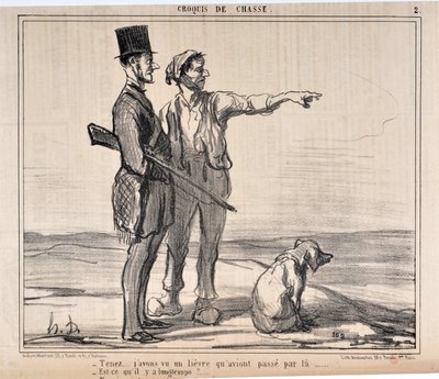 Konstverk av Honore Daumier (1808-1879) Charivari är från 1857: Serie sketches de chasseur "" Håll ut... Jag såg en hamn som hade vid... - Är det så länge?..."" MUSEUM OF FINE ARTS - PALACE LONGCHAMP, MARSEILLE av Honoré Daumier