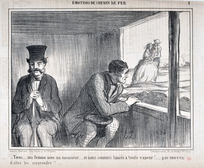 Konstverk av Honore Daumier (1808-1879) Charivari är från 1858: Serie EMOTIONS EN Chemin de fer - "Här... min fru med en gentleman... och vi går för fullt!... ingen möjlighet att överraska dem!!...” MUSEET FÖR FINA KONST - PALACE LONGCHAMP, MARS av Honoré Daumier