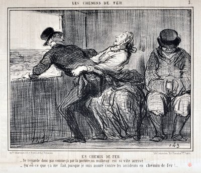 Konstverk av Honore Daumier (1808-1879). Charivari är från 1858: Serie LES RAILWAYS By Railroad “” -Så se inte ut så där genom dörren, en olycka kommer så snabbt!... “Vad spelar det för roll för mig, eftersom jag är försäkrad mot olyckor på järnväg av Honoré Daumier