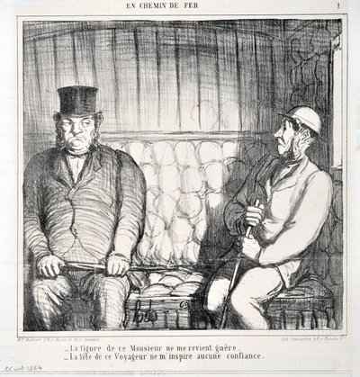Konstverk av Honore Daumier (1808-1879). Charivari är från 1864: Serie LES CHAINS DE RAILWAY “” -Gestalten av denna herre kommer inte tillbaka till mig. - denna resenärs huvud inspirerar mig inget förtroende””” MUSEE DES BEAUX ARTS - PALAIS LONGCHAMP, MARS av Honoré Daumier