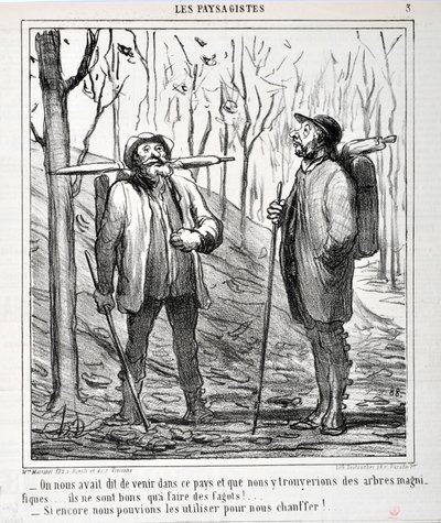 Konstverk av Honore Daumier (1808-1879). Charivari är från 1864: Serie LES LANDSAGISTS "" - Vi blev tillsagda att komma till detta land och att vi skulle hitta vackra träd... de är bra att göra bögar!... "Om vi kunde använda dem för att värma oss!. ..” FIN av Honoré Daumier