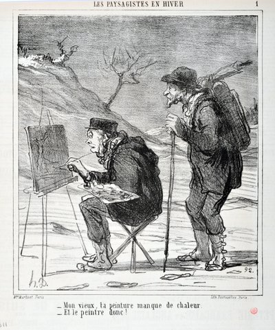 Konstverk av Honore Daumier (1808-1879). Charivari är från 1864: Serie LES LANDSAGISTS IN WINTER “” - Min gamle man, din tavla saknar värme - Och målaren så! "" MUSEET FÖR FINA KONST - PALACE LONGCHAMP, MARSEILLE av Honoré Daumier