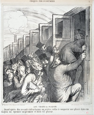 Konstverk av Honore Daumier (1808-1879). Charivari är från 1864: Serie Sketch Les trains de plaisir “” - När vi efter tio misslyckade överfall äntligen får erövra en plats i en vagn upplever vi ett första och mycket livligt nöje””” MUSEE DES BEAUX AR av Honoré Daumier