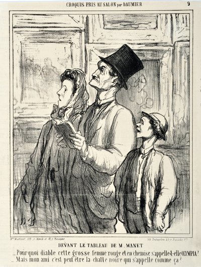 Konstverk av Honore Daumier (1808-1879) Charivari är från 1865: Serie CRUQUIS PAUIT I SALONGEN Framför en målning av Manet "" -Varför i helvete heter den här stora röda kvinnan i en skjorta Olympia? – Men min vän kanske är den svarta katten som heter så? M av Honoré Daumier