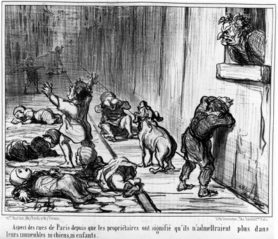 Aspekt av gatorna i Paris sedan ägarna sagt att de inte längre skulle släppa in varken hundar eller barn i sina byggnader, hämtat från "Tenants et Proprietaires", en serie karikatyrer av Honore Daumier (1808-1879). "Charivari" av Honoré Daumier