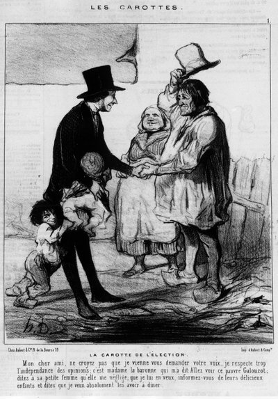 Kandidat för valbesök i en bondefamilj: "Valets morot" - teckning av Daumier, i Charivari 21/03/1844. av Honoré Daumier