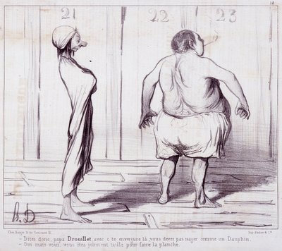 Tecknad film om utseende. Serie "" The Bathers"": Säg till pappa Drouillet..."" Gravyr av Honore DAUMIER (1808-1879). Utdrag ur tidningen "" Le Charivari"". Mått 25x36cm. box 12 Marseille, Musee des Beaux-Arts, Palais Longchamps, Collection Arts Graphi av Honoré Daumier