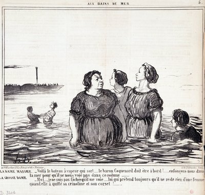 Tecknad film om utseende och mode. Serien "" Les Bains de Mer"": "" Den magra damen (...), den tjocka damen (...)" Gravyr av Honore DAUMIER (1808-1879). Utdrag ur tidningen "" Le Charivari"" den 16 september av Honoré Daumier