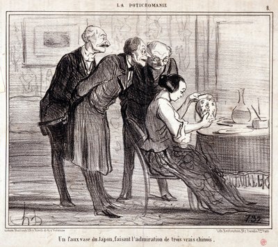 Tecknad film om konstsamlare. Serien "" Potichomania"": "" En falsk vas från Japan som beundrar tre kineser." Gravyr av Honore DAUMIER (1808-1879). Utdrag ur tidningen "" Le Charivari"" av Honoré Daumier