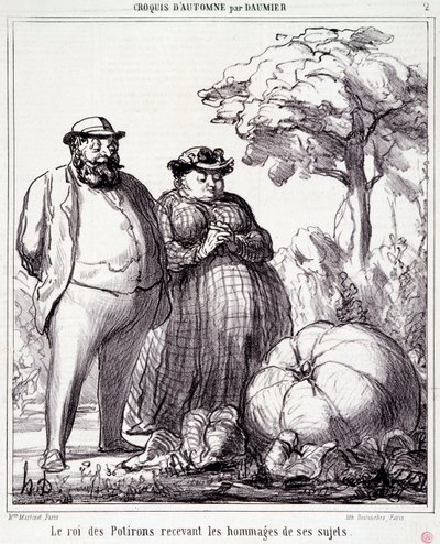 Tecknad film om trädgårdsarbete. Serie "" Autumn Sketch"": "" The King of Pumpkins tar emot hyllningar från sina undersåtar"". Gravyr av Honore DAUMIER (1808-1879). Utdrag ur tidningen "" Le Charivari"" den 23 september av Honoré Daumier
