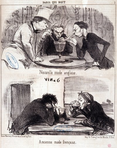 Tecknad film om gastronomiska övergrepp. Serien "Paris qui drinks": nytt engelskt mode och gammalt franskt mode. Gravyr av Honore DAUMIER (1808-1879). Utdrag ur tidningen “” Le Charivari”” 23 juni 1852 Dim 37x26 cm Inv D 2312 - kartong 24 N¡7. Marseille, M av Honoré Daumier