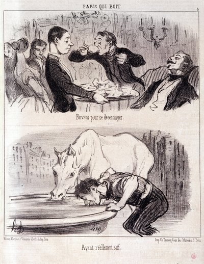 Tecknad film om gastronomiska övergrepp. Serie Paris dricker: "" Dricker för att bli uttråkad. Riktigt törstig." Gravyr av Honore DAUMIER (1808-1879). Utdrag ur tidningen “” Le Charivari”” 16 juni 1852 Dim 37x26cm Inv D 2310 - kartong 24 N¡5. Marseille, Mu av Honoré Daumier