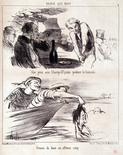 Tecknad film om gastronomiska övergrepp. Serie "Paris qui boire": "vy från Champs Elysees under värmeböljan. Har just druckit en fruktansvärd smäll." Gravyr av Honore DAUMIER (1808-1879). Utdrag ur tidningen "Le Charivari" den 5 juni. av Honoré Daumier