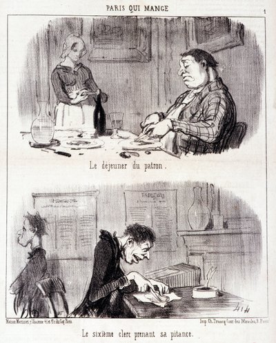 Tecknad film om gastronomiska övergrepp. Serie "" Paris qui mange"": Chefens frukost. Den sjätte tjänstemannen tar sin synd. Gravyr av Honore DAUMIER (1808-1879). Utdrag ur tidningen "" Le Charivari"" den 26 juni av Honoré Daumier