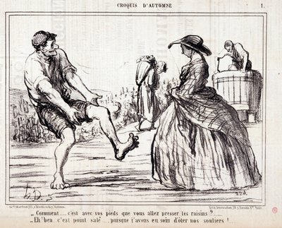 Tecknad film om skördare som trampar på barfota druvor. Serie “” Autumn Sketch””: “” Hur... ska du pressa druvorna med fötterna? ...” Gravyr av Honore DAUMIER (1808-1879). Utdrag ur tidningen "" Le Charivari"" av Honoré Daumier