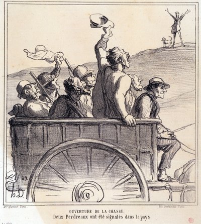 Tecknad film om jägare. Serien "Höstskets: Invigning av jakten, två rapphöns signalerades i landet", från tidningarna "Le Charivari" av Honoré Daumier