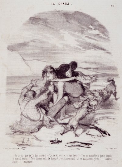 Tecknad film om jägare. Serien "" The Beautiful Days of Life - The Hunting"": "" Jag säger dig att jag fick honom att lämna..."" Gravyr av Honore DAUMIER (1808-1879). Utdrag ur tidningen "" Le Charivari"" den 10 januari av Honoré Daumier