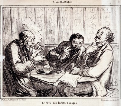 Tecknad film om diktförfattare. Serien "" A la brasserie"": "" De härjade poeternas hörn""". Gravyr av Honore DAUMIER (1808-1879). Utdrag ur tidningen "" Le Charivari"" 7 januari av Honoré Daumier