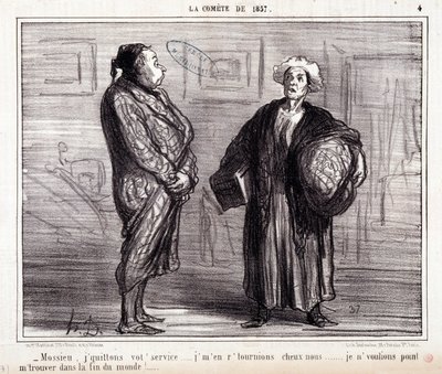 Tecknad film om vetenskap. Serie "" On the Comete of 1857"": "" Mossieu, jag lämnar din tjänst..."" Gravyr av Honore DAUMIER (1808-1879). Utdrag ur tidningen "" Le Charivari"" den 13 mars av Honoré Daumier