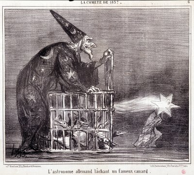 Tecknad film om vetenskap. Serie Sur "" kometen från 1857"": "" Den tyska astronomen lämnar en berömd anka""". Gravyr av Honore DAUMIER (1808-1879). Utdrag ur tidningen "" Le Charivari"" 2 mars av Honoré Daumier