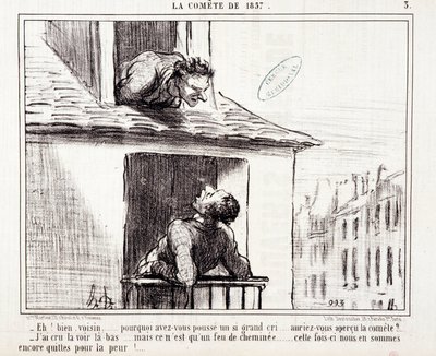 Tecknad film om vetenskap. Serie Sur “” the Comete of 1857””: “” Nåväl granne... varför gjorde du ett så stort rop...”” Gravyr av Honore DAUMIER (1808-1879). Utdrag ur tidningen "" Le Charivari"" den 11 mars av Honoré Daumier