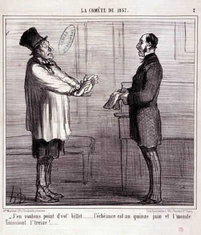 Tecknad film om vetenskap. Serie om "" the Comete of 1857"": I want no ticket..." Gravyr av Honore DAUMIER (1808-1879). Utdrag ur tidningen "" Le Charivari"" 4 mars av Honoré Daumier