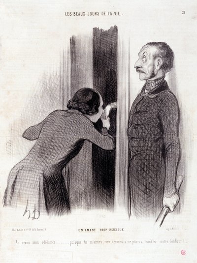 Tecknad film om paret. Serien "" The Beautiful Days of Life"": "" En älskare för glad..." Gravyr av Honore DAUMIER (1808-1879). Utdrag ur tidningen "" Le Charivari"" den 1 september av Honoré Daumier