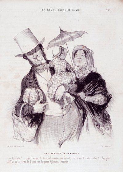 Tecknad film om familjen. Serien "" The Beautiful Days of Life"": En söndag på landsbygden..." Gravyr av Honore DAUMIER (1808-1879). Utdrag ur tidningen "" Le Charivari"" den 21 juli av Honoré Daumier