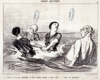 Tecknad film om turister på semester vid havet. Serien "" Les Bains de Mer"": "" Vattenskiss. Låt oss se att det inte är rimligt att röra om dig så i vattnet... du blöter mig!” Gravyr av Honore DAUMIER (1808-1879). Utdrag ur tidningen "" Le Chariv av Honoré Daumier