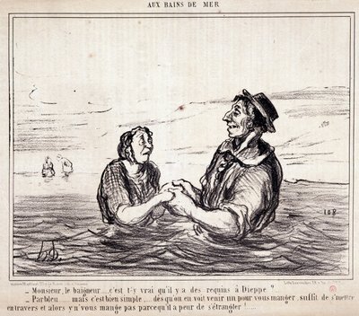 Tecknad film om turister på semester. Serie “” aux Bains de Mer””: “” Monsieur le bathneur... är det sant att det finns hajar i Dieppe?...” Gravyr av Honore DAUMIER (1808-1879). Utdrag ur tidningen "" Le Charivari"" den 8 juni av Honoré Daumier