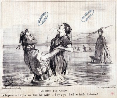 Tecknad film om turister på semester. Serien "" Les Bains de Mer"": "" Vattenskiss. Sekvenserna av ett dyk””. Gravyr av Honore DAUMIER (1808-1879). Utdrag ur tidningen "" Le Charivari"" 1853. Mått: 24x28cm. Inv 2453 - box 12 N¡1. Marseille, M av Honoré Daumier