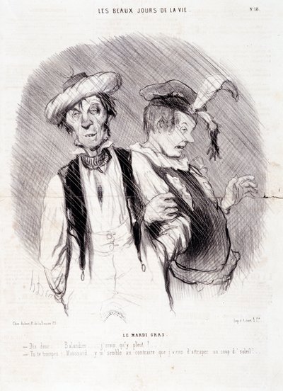 Tecknad film om två alkoholister: Serie "" Les Beaux Days de la Vie"": "" Le Mardi Gras..."". Gravyr av Honore DAUMIER (1808-1879). Utdrag ur tidningen "" Le Charivari"" den 9 augusti av Honoré Daumier