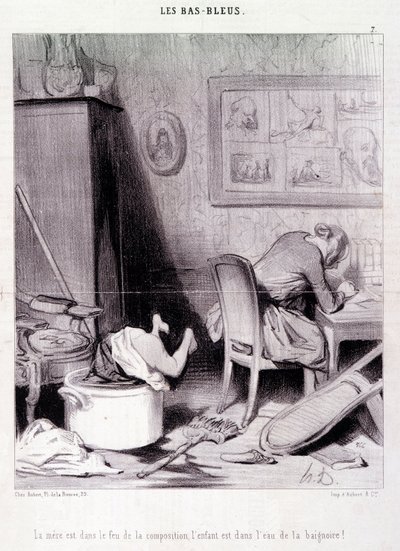 Tecknad film om kvinnliga författare. Serie "" Bas Bleus"": "" Mamman är i kompositionens eld, barnet är i badets vatten! "" Gravyr av Honore DAUMIER (1808-1879). Utdrag ur tidningen "" Le Charivari"" den 20 februari av Honoré Daumier