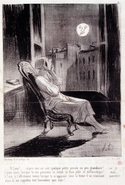 Tecknad film om kvinnliga författare. Serien "" Bas Bleus"": "" O! Månen inspirerar mig ikväll...”” Gravyr av Honore DAUMIER (1808-1879). Utdrag ur tidningen "" Le Charivari"" 28 februari av Honoré Daumier