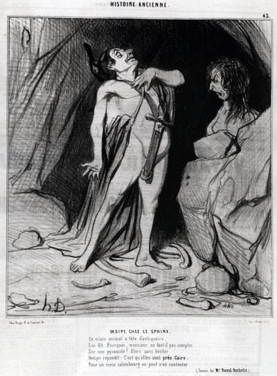 Tecknad av Honore Daumier om Oedipus och sfinxen, -i "" Charivari", 12 december av Honoré Daumier