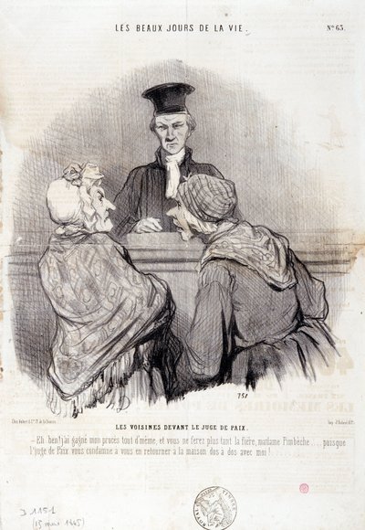 Tecknad film om grannskapsrelationer: Serie "" Livets vackra dagar"": "" Grannar inför fredens rättvisa..."" Gravyr av Honore DAUMIER (1808-1879). Utdrag ur tidningen "" Le Charivari"" den 15 maj av Honoré Daumier