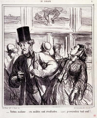 Tecknad film om konstälskare: Serie "" Au salon"": Låt oss lämna frun... dessa nakenbilder är revoltanter... Jag kommer tillbaka helt ensam"" Gravyr av Honore DAUMIER (1808-1879). Utdrag ur tidningen "" Le Charivari"" den 5 maj av Honoré Daumier