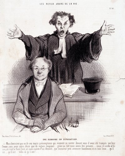 Tecknad film om skilsmässor: Serien "" The Beautiful Days of Life"": "" En begäran om separation..."". Gravyr av Honore DAUMIER (1808-1879). Utdrag ur tidningen "" Le Charivari"" 29 januari av Honoré Daumier