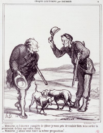 Tecknad film om jägarna: Serie "" Autumn Sketch"": "" Sir, med tanke på den totala frånvaron av vilt, vänligen ge mig tillåtelse att skjuta din hund..."" Gravyr av Honore DAUMIER (1808-1879). Utdrag ur tidningen "" Le Charivari"" den 28 september av Honoré Daumier