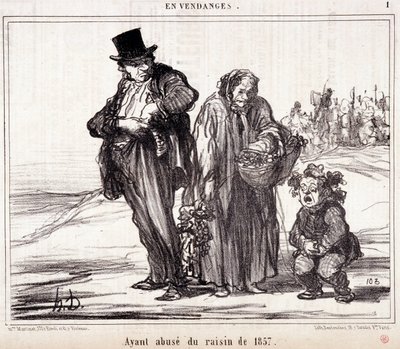 Tecknad film om vinodling. Serie "" Autumn Sketch"": "" In Harvest. Att ha missbruk av druvorna från 1857”” Gravyr av Honore DAUMIER (1808-1879). Utdrag ur tidningen "" Le Charivari"" 16 oktober av Honoré Daumier