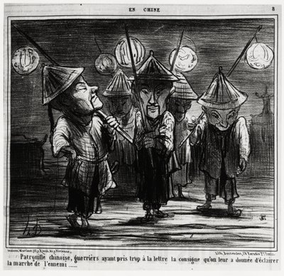Kinesisk patrull, krigare som alltför noggrant följt de instruktioner de fått om att belysa fiendens marsch. In serie En Chine, illustration av Honore Daumier (1808-1879), publicerad i "Charivari" den 25 januari. av Honoré Daumier