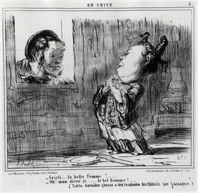 Christi, den vackra kvinnan! ; "" Åh! Gud, jag... Den stilige mannen!” (Denna sista meningen har översatts från kinesiska av Lassagne.), i serien En Chine, illustration av Honore Daumier (1808-1879), publicerad i "Charivari" av Honoré Daumier